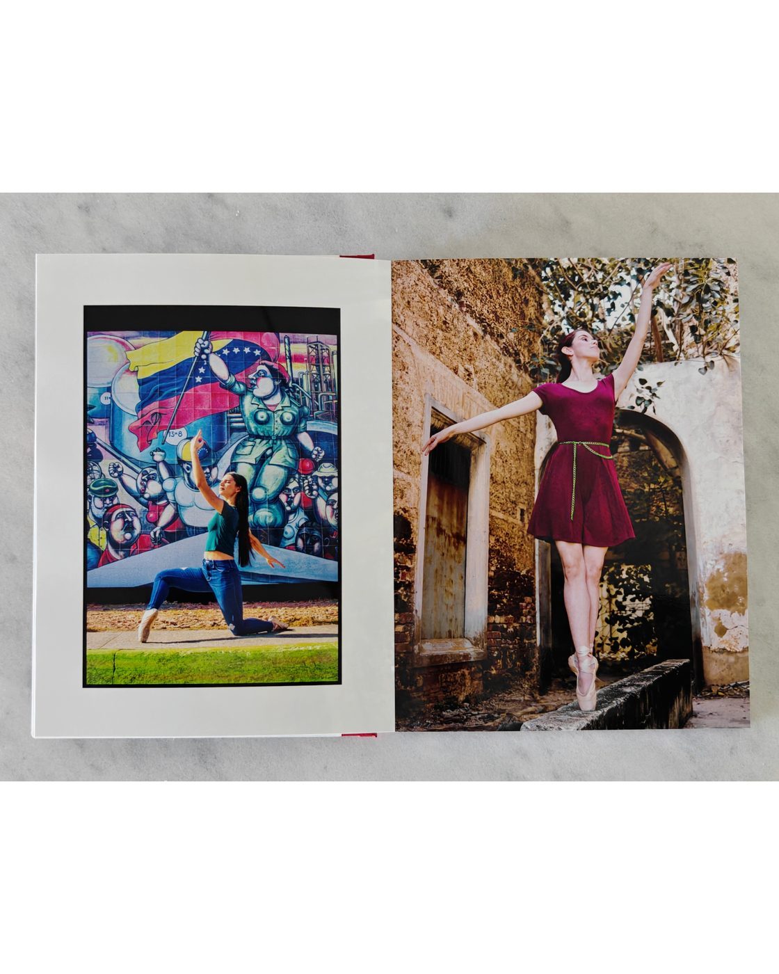 NiNE photobook spread showing a portrait against a blue wall and a woman in red